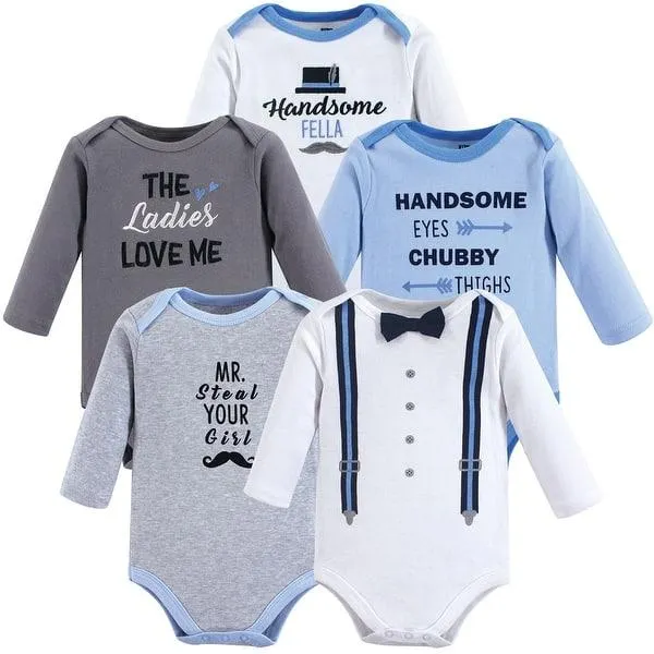 Hudson Baby Infant Boy Cotton Long-Sleeve Bodysuits 5pk, Handsome Fella