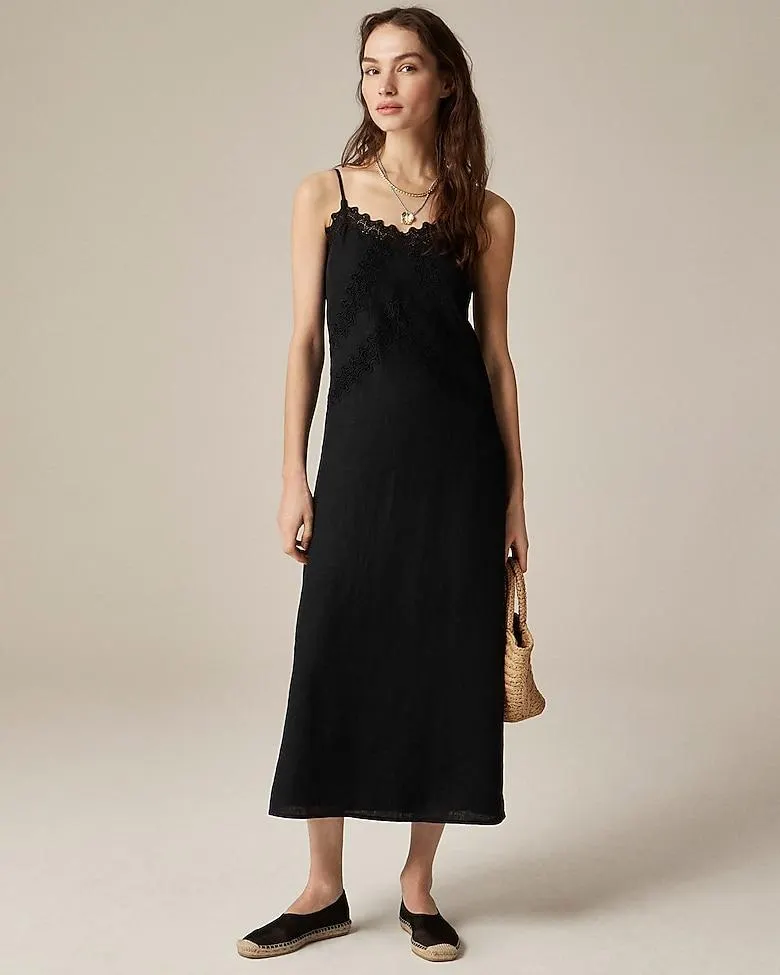 Lace-trim slip dress in linen