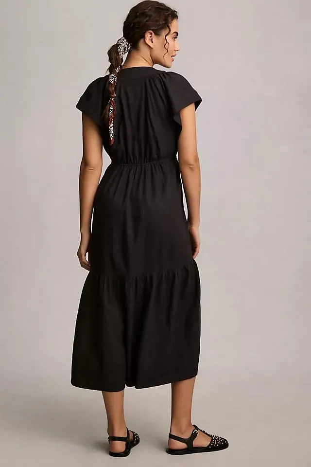 By Anthropologie Flutter-Sleeve Linen Button-Front Midi Dress