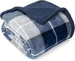 PAVILIA Blue Navy Plaid Sherpa Throw Blanket for Couch Twin, Plush Flannel Fleece, Soft Fuzzy Cabin for Sofa Bed, Warm Cozy Winter Gift, 60x80