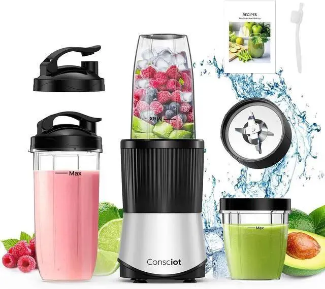 Consciot CB08 11-Piece Blender for Kitchen and Personal Size, Blend Shakes and Smoothies, Frozen Drinks, Baby Food, Spreads & More, 3 Portable To-Go Cups & 2 Spout Lids & 1 Solid Lid, 900 Peak Watts
