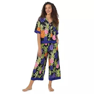 Women's Beauty Sleep Social 2-Piece Notch Pajama Top & Cropped Bottoms Sleep Set