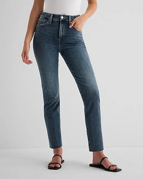 High Waisted Dark Wash Raw Hem FlexX Straight Ankle Jeans
