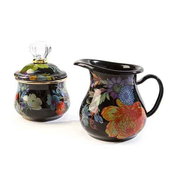 Black Flower Market Creamer & Sugar Bowl Set