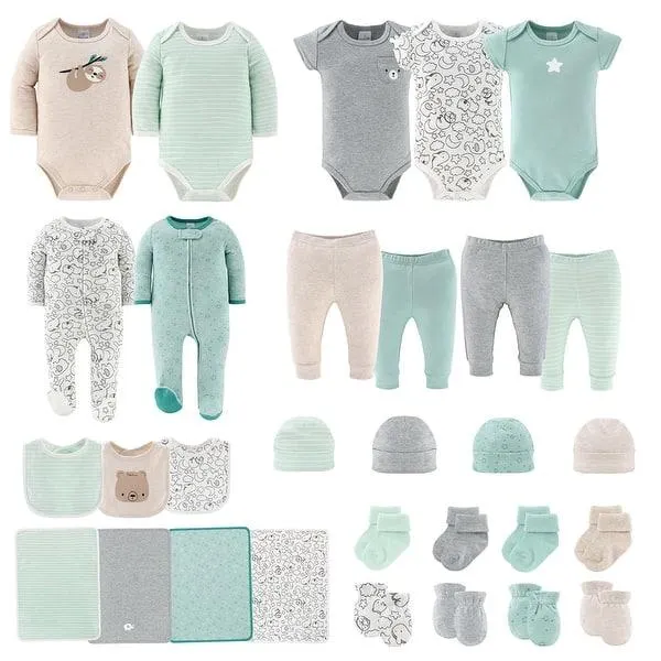 The Peanutshell Restful Basics Newborn Layette Set for Baby Boys and Girls, 30-Piece, Green/Grey, 0-3 Months - White