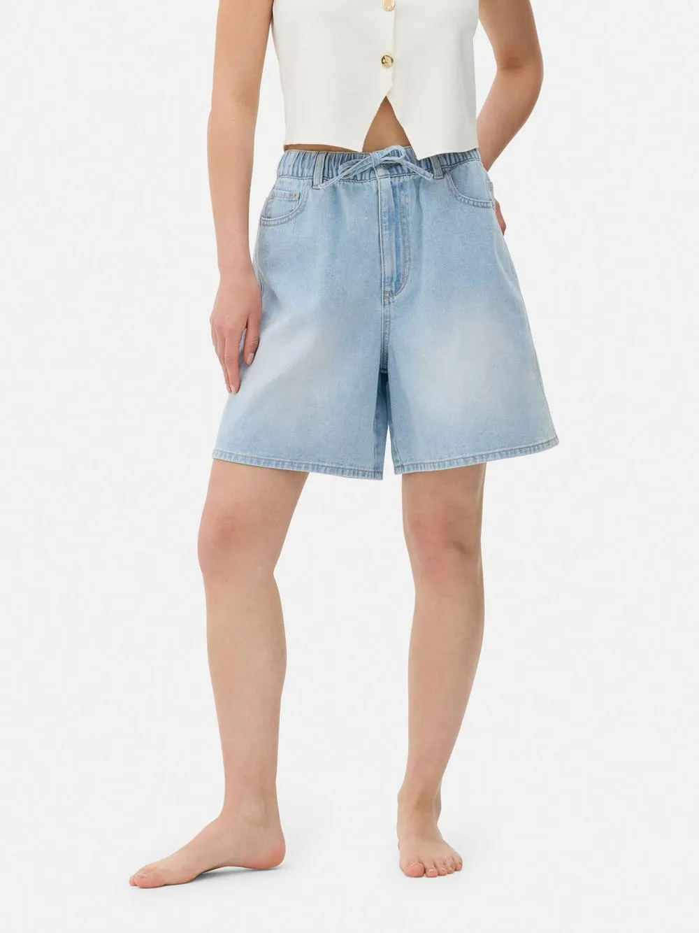 Drawstring Denim Bermuda Shorts