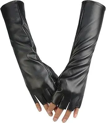Long Keeper PU Leather Long Gloves for Women Fingerless Gloves Arm Warmers Dress Up Sexy Black Glove Halloween Party Cosplay