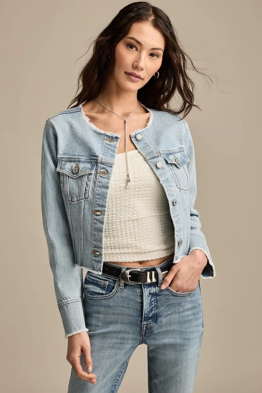 collarless cropped trucker