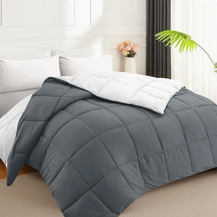 VOUA 165gsm All-season Dark Gray / White Solid Reversible Twin Comforter Microfiber