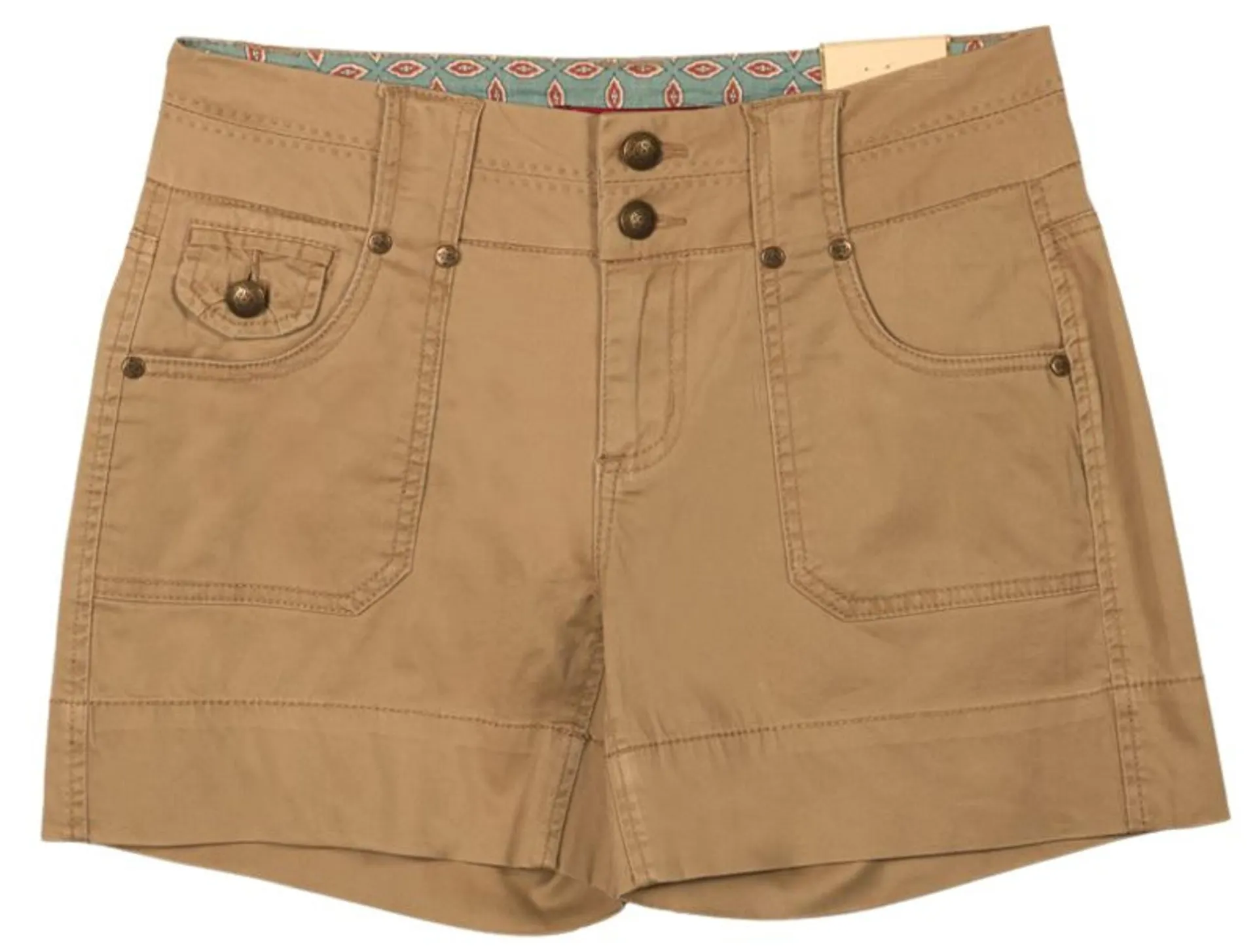 One 5 One Women's Khaki Double Button Shorts with Square Pockets & Paisley Waist Design