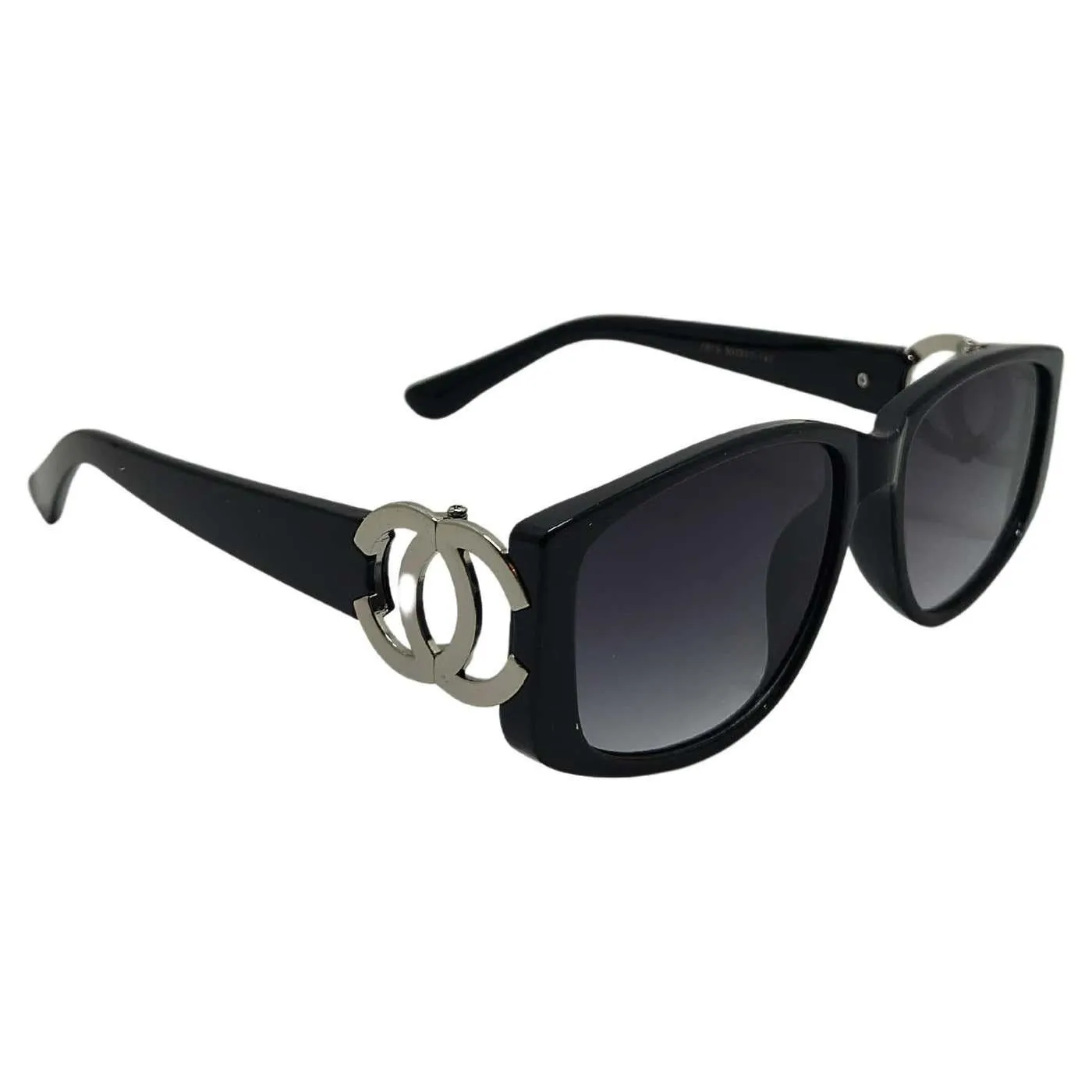 Vintage Chanel CC Interlocking Black Large Side Logo Grey Lens Sunglasses