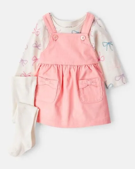 Baby Girl 3-Piece Bow Heart Print Long-Sleeve Dress Set - Ivory/Pink