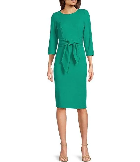 Stretch Crepe Crew Neck Tie Waist 3/4 Sleeve Midi Sheath Dress