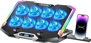 ICE COOREL Gaming Laptop Cooling Pad with 8 Cooling Fans, Laptop Fan Cooler Pad for 15-17.3 Inch, Notebook Cooler Stand with 6 Height Adjustable, RGB Cooling Pad with Two USB Port + Phone Stand