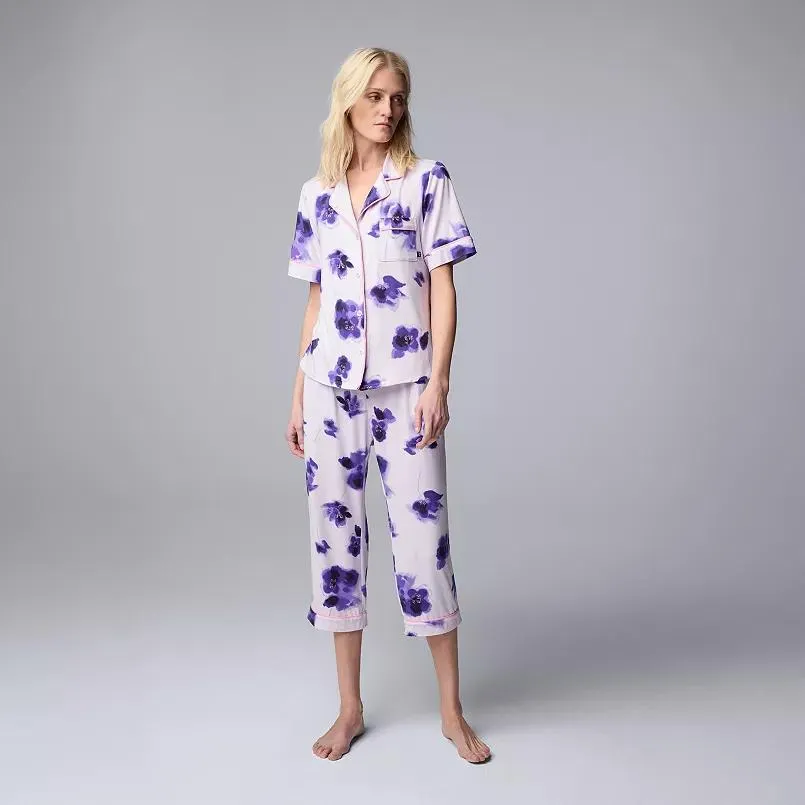 Women's Simply Vera Vera Wang 2-Piece Short Sleeve Notch Collar Pajama Top & Capri Pajama Bottoms Set