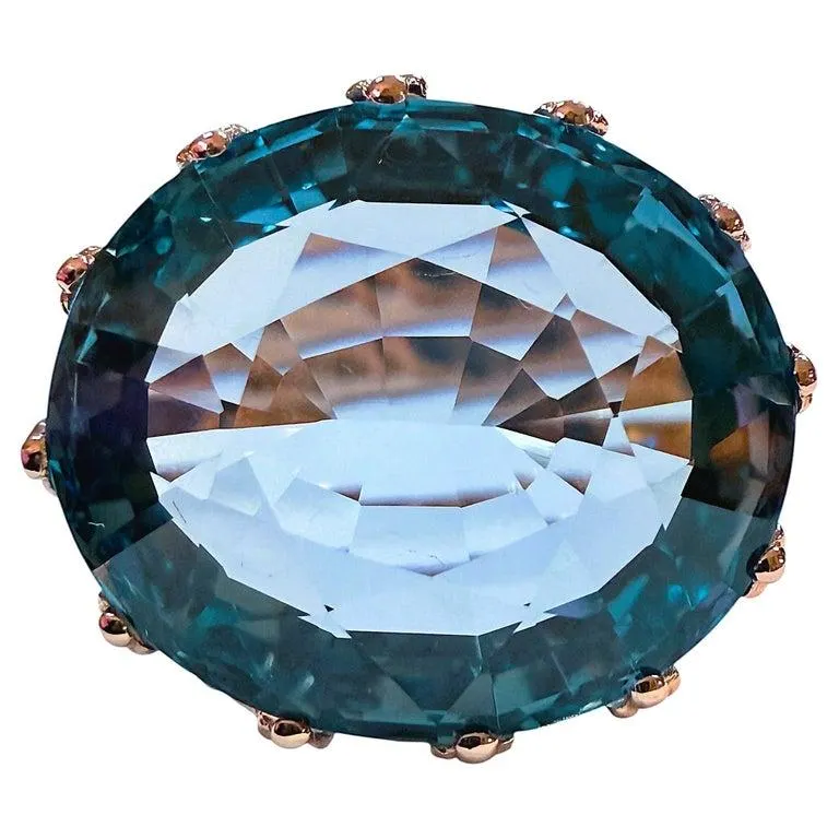 18k Yellow Gold Deco Style Oval Aquamarine Ring, App. 16.36 CTS