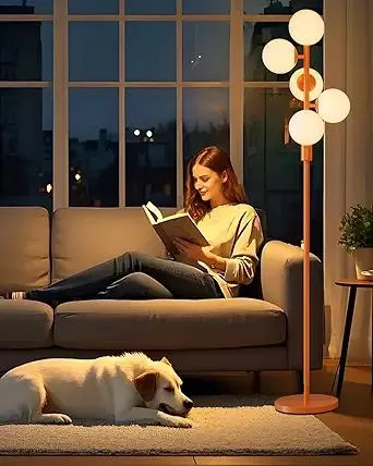 Lightdot 5-Globe Dimmable Globe Floor Lamp Orange Retro Standing Lamps with 5Pcs 3000K G9 Bulbs Stepless Brightness Adjustable Mid Century Modern Floor Lamp with Stable Base for Living Room/Office
