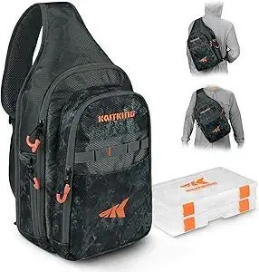 KastKing Pond Hopper Fishing Sling Tackle Storage Bag with 2 Tackle Boxes, Lightweight Sling Fishing Backpack-Sling Tool Bag for Fishing Hiking Hunting Camping,17.7X 12.6X 6 Inches