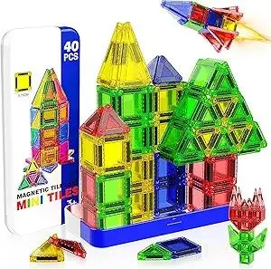 Mini Magnetic Tiles, 40 PCS Travel Magnetic Tiles with Storage Box, Mini Magnet Toy Travel Toy for Kids Ages 3 4-8, STEM Educational Building Set Construction Toys, Boys Girls Toddlers Birthdays Gifts