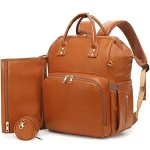 Premium Vegan Leather Diaper Bag Backpack with Waterproof Changing Pad – Reinforced Stitching & Zippers, Baby Bag for Boy Girl, Stroller Straps, Ergonomic Design for Traveling Moms, Brown