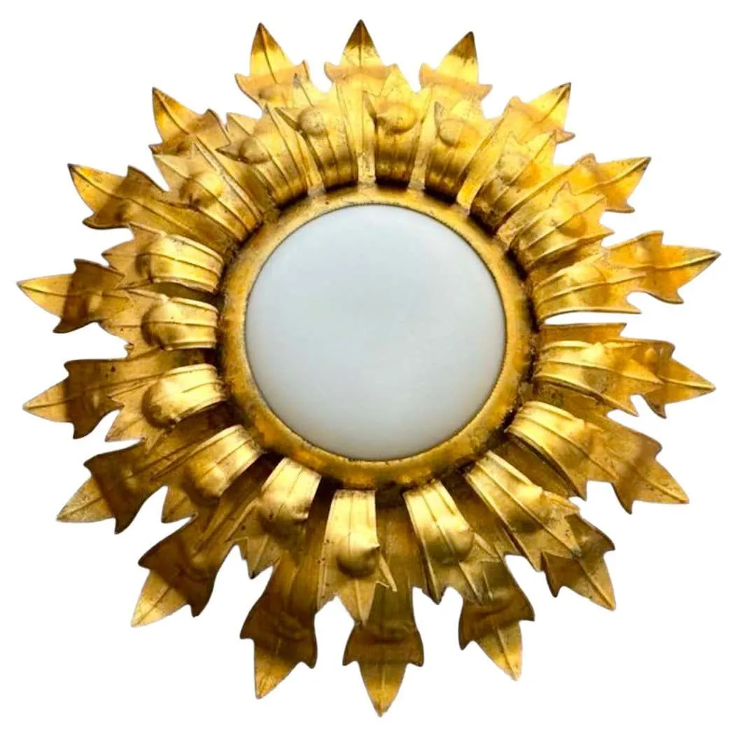 Large Spanish gilt gold crown Flush Mount round curve glass , circa 1950