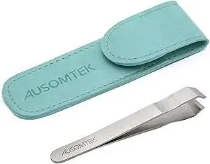 Beard & Hair Plucking Tweezers, Fine Eyebrow Tool, Stainless Steel, 10mm Tip, Anti-Slip Slot Design, Cyan PU Case