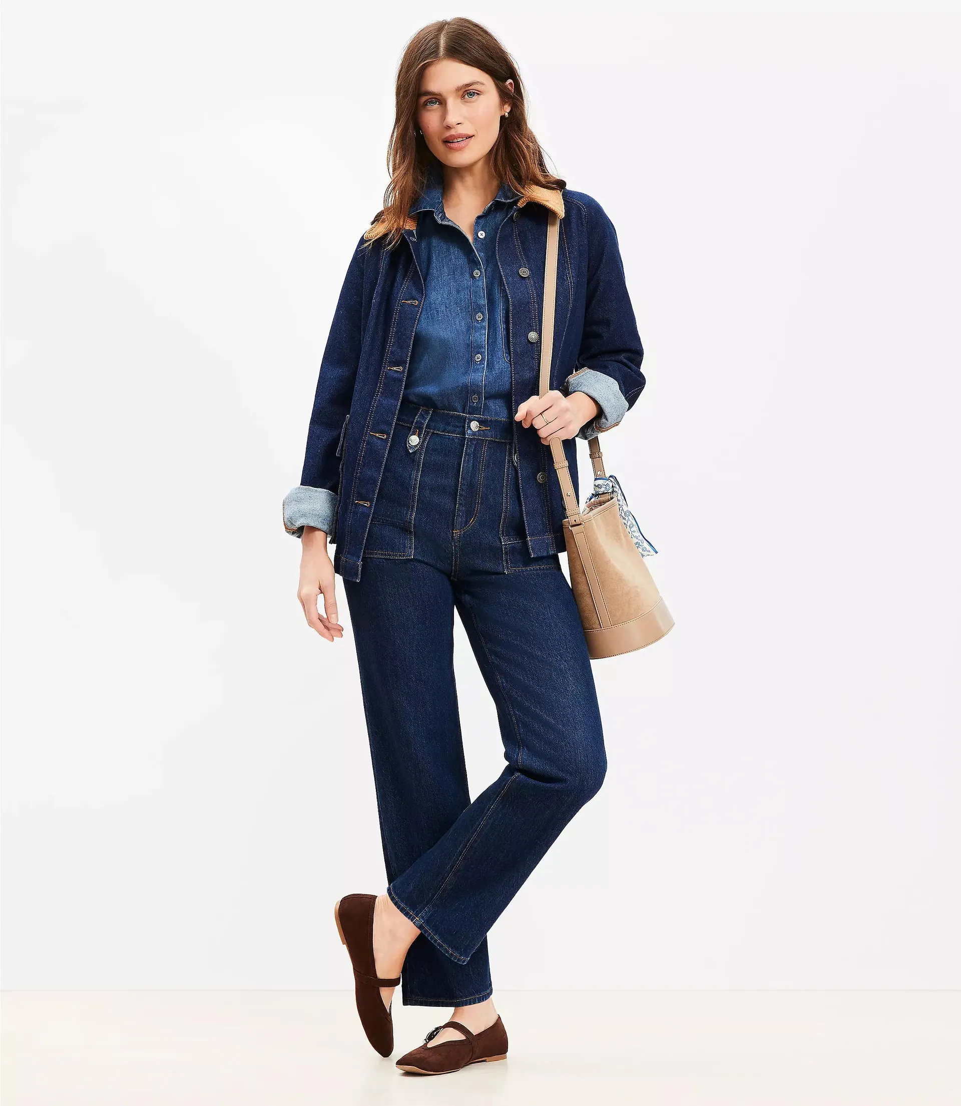 High Rise Straight Utility Jeans in Mid Indigo Wash