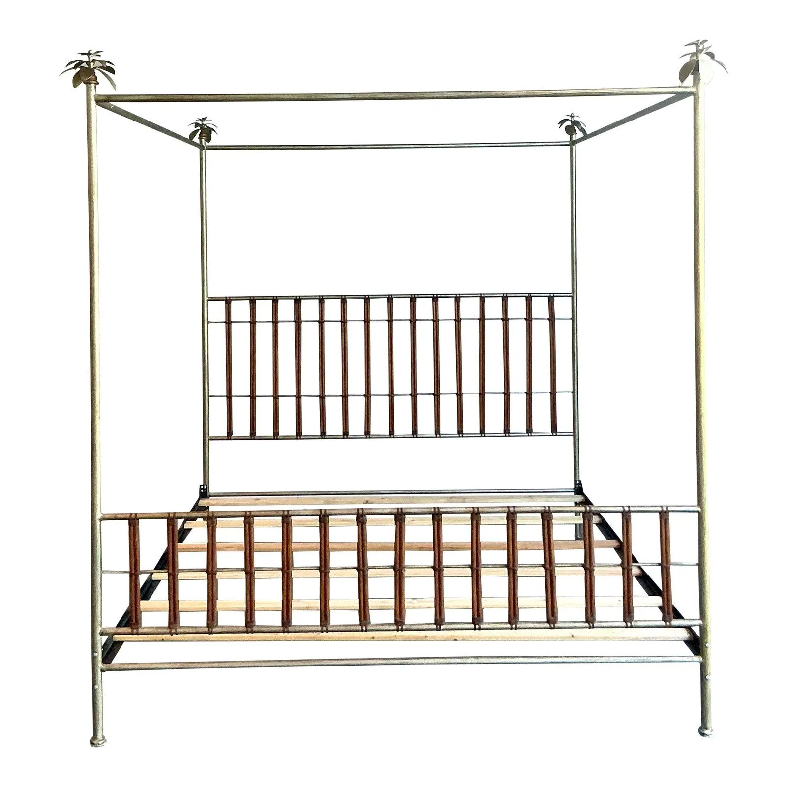 Vintage Regency Silver Leaf Palm Tree California King Canopy Bed