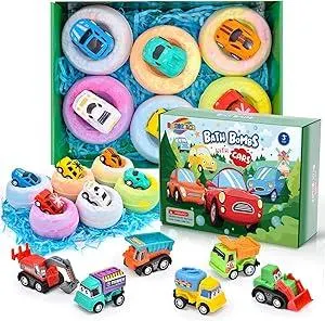 6 Pack Natural Bath Bombs for Kids Pull-Back Cars Organic Rich Foam Color Bubble Set Boys Girls Surprise Toys Christmas Gift for Toddlers