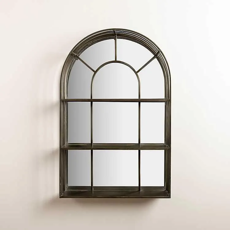 Arch Windowpane Mirrored Back Wall Shelf