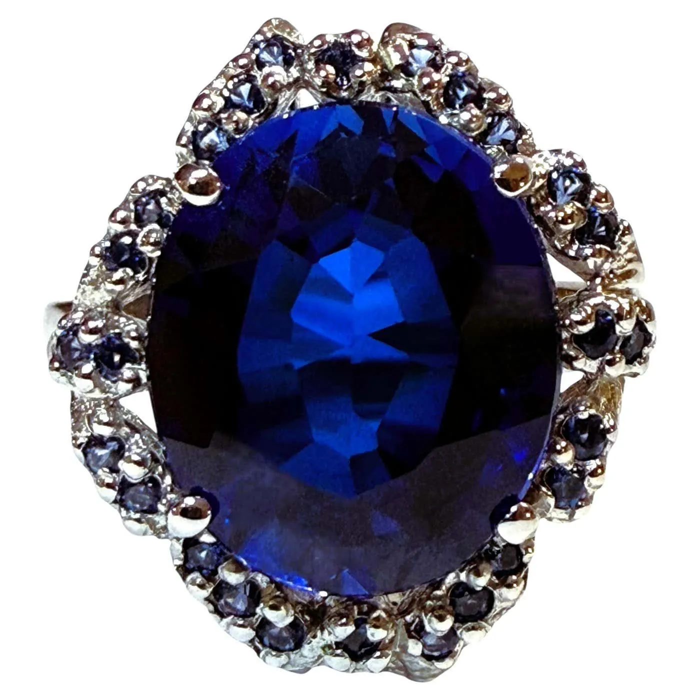 New 7.50 Carat Deep Blue Sapphire & Diamond Cut Sapphire Sterling Silver Ring