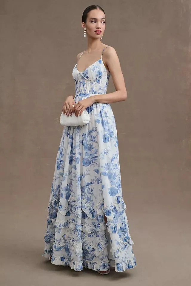 V. Chapman Carmen Corset Front-Slit Ruffled Gown