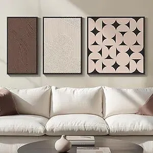 Framed Boho Neutral Abstract Wall Art Set of 3, Brown Beige Black Modern Canvas Prints Paintings, Minimalist Line and Geometric Shape Pictures for Living Room Dining Room Bedroom Wall Decor