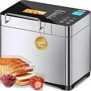 KBS Pro 710W Bread Maker, 2LB 17-in-1 Automatic Bread Machine with Healthy Ceramic Pan, Nut Dispenser, Tempered Glass Touch Panel, Stainless Steel Housing,3 Crust Colors, 15H Timer&Keep-Warm, Recipe