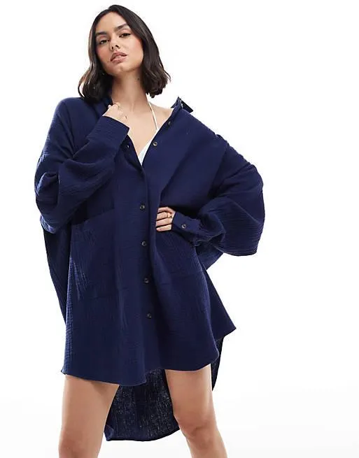 ASOS DESIGN double cloth oversized shirt dress with dropped pockets in navy