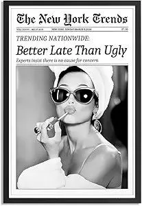 Trendy Luxury Black And White Framed Wall Art Newspaper Better Late Than Ugly Pictures For Preppy Girly Dorm Decor-Funky Fashion Feminist Canvas Prints Ready To Hang Room Bedroom
