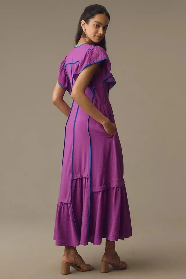 By Anthropologie Flutter-Sleeve Tipped Midi Dress