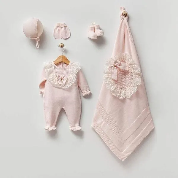 Newborn Knitwear Homecoming Set with Lace and Ribbon Ornaments - 5 Piece