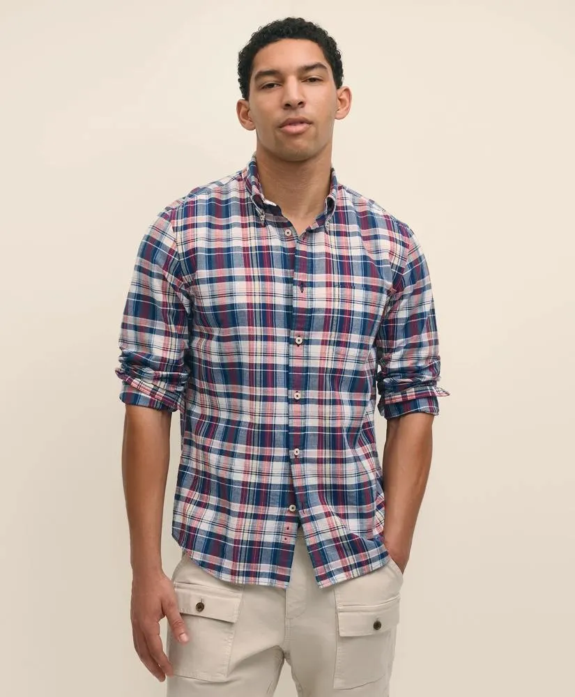 Washed Cotton Madras Polo Button-Down Collar Shirt