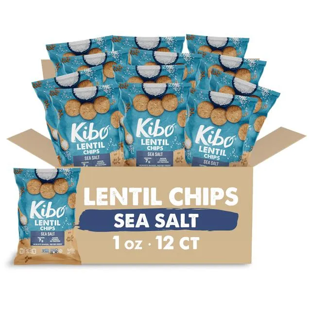 Kibo Healthy Snacks Lentil Chips High Protein, Plant Based, Vegan, Gluten Free, Non GMO, Kosher, Bold & Crunchy - Sea Salt - 1 oz, 12 Count