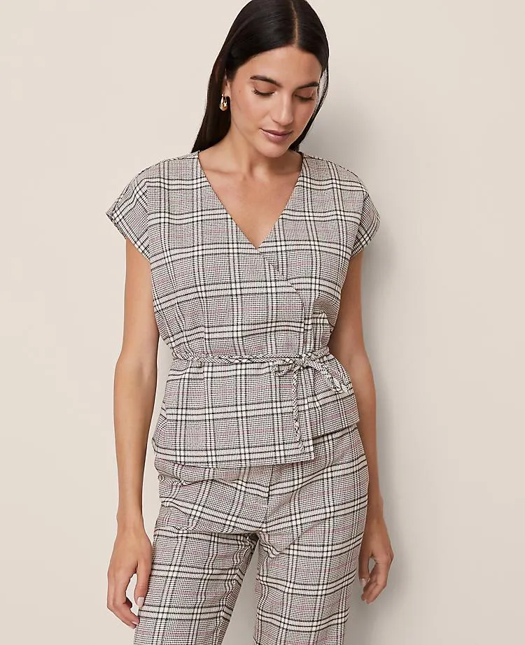 Plaid Wrap Tie Waist Blouse