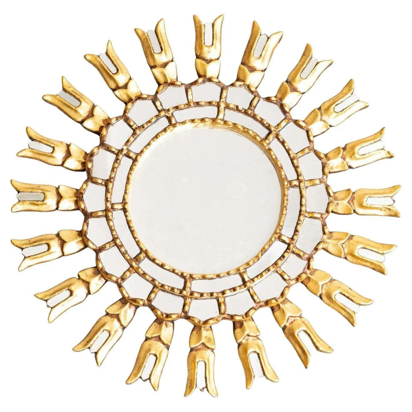 1950s French Sunburst Wall Mirror in Carved Wood and Reflective Glass Tiles