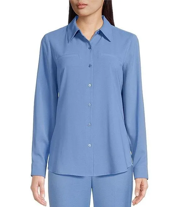 Piper Lightweight Soft Crepe de Chine Point Collar Long Sleeve Button Front Top