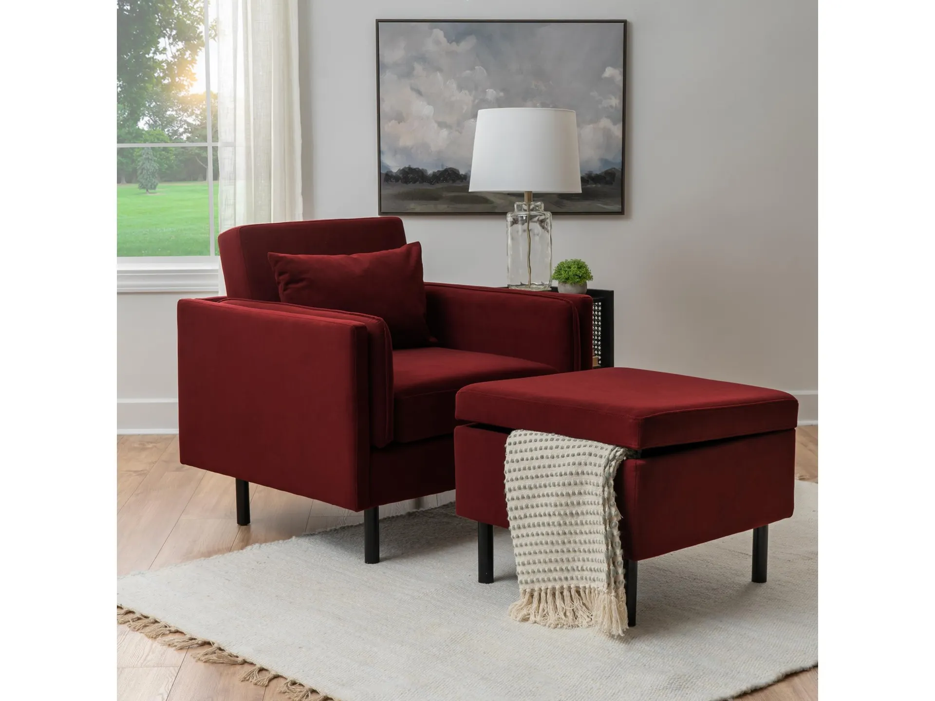 Linon Velvet Chair and Ottoman Set
