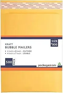 PackageZoom #000 4x8 Padded Envelopes Kraft Bubble Mailer Shipping Envelopes 500 Pack