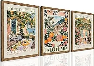 Italy Travel Wall Art Set of 3, Amalfi Coast Wall Decor, Trendy Italian Food Kitchen Poster Canvas Prints, Vintage City Landscape Artwork for Dining Room Living Room 12x16 inch Wood Framed