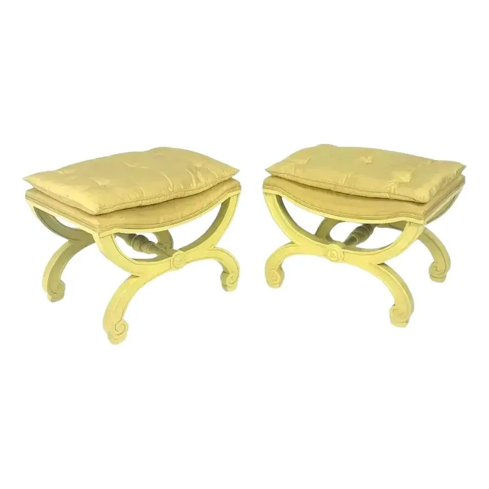 Pair of Yellow Modern Baroque Revival Silk Bench or Stools, 1960s