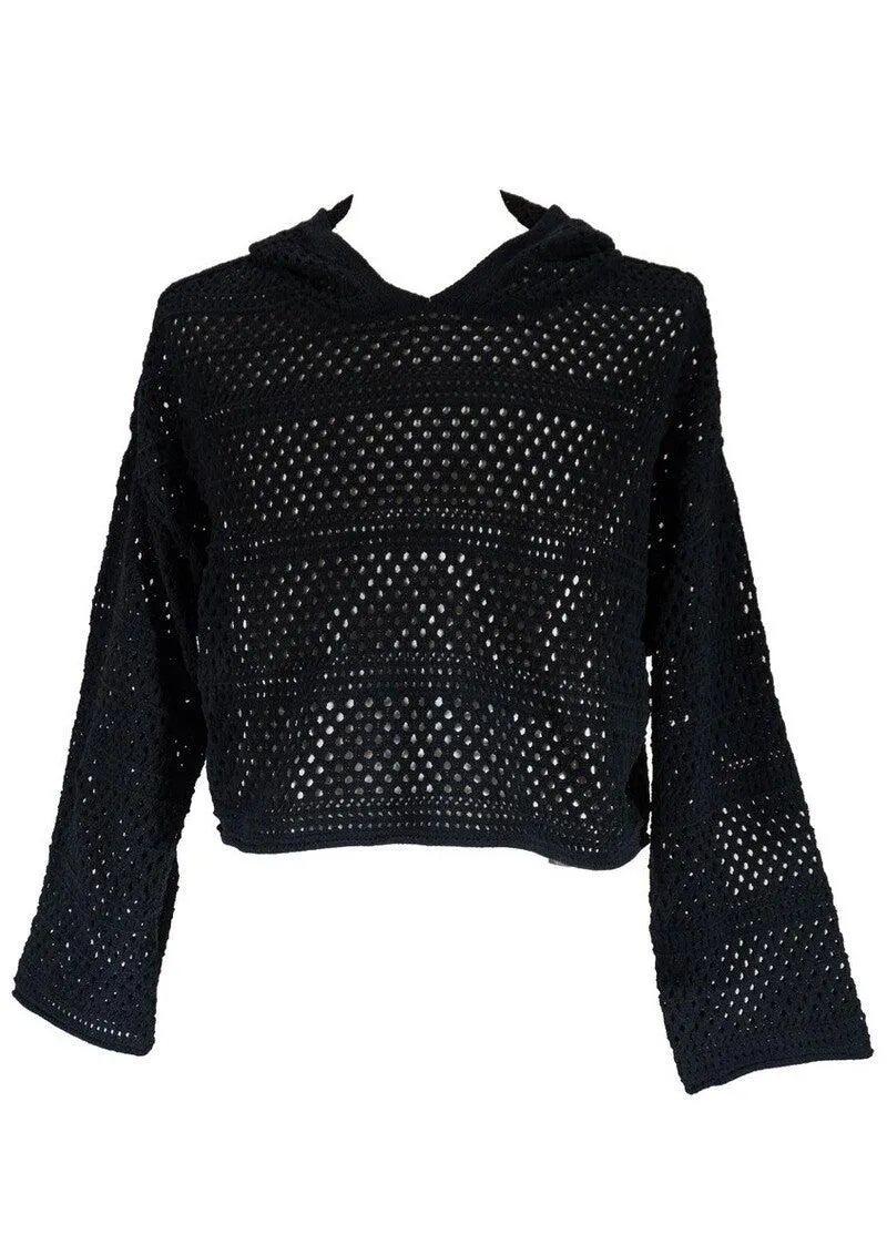 Plus Size Cropped Hooded Open-Knit Sweater