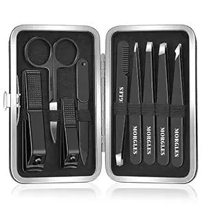 MORGLES Tweezers Set and Nail Clippers, 9 Pcs Stainless Steel Tweezers Kit for Men Professional Manicure Set for Men Grooming Kit with Leather Travel Case