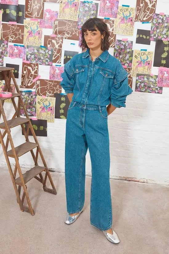 Tony Denim Jumpsuit With Stepped Shoulder Detail